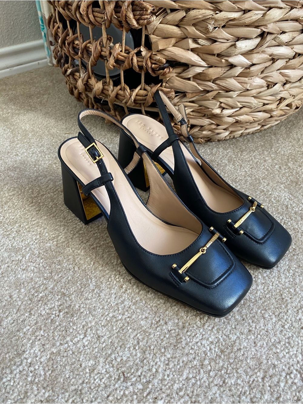 Ted Baker Mia Icon Pump Black Leather Slingback Block Heels Designer Luxury